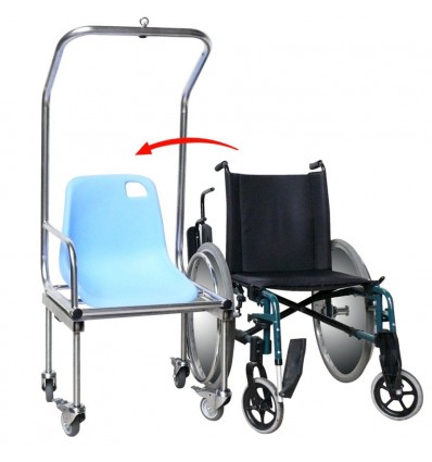 Position de transfert d'un Fauteuil roulant et le Chariot de stabilisation avec le Siège de suspension au dessus